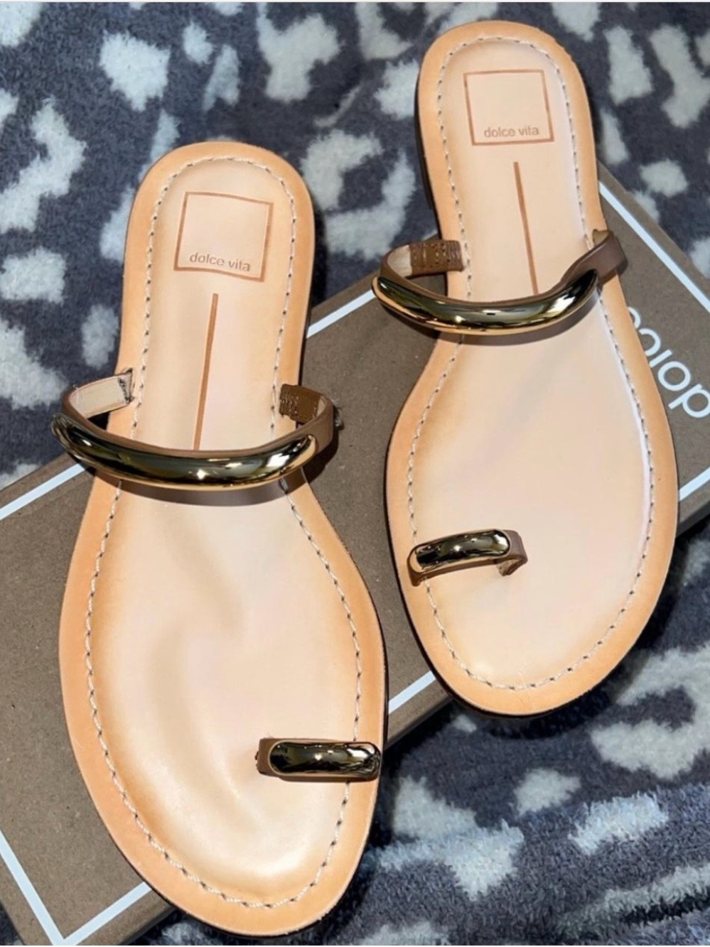 Dolce Vita Tan Leather Slide Sandals with Gold Accents